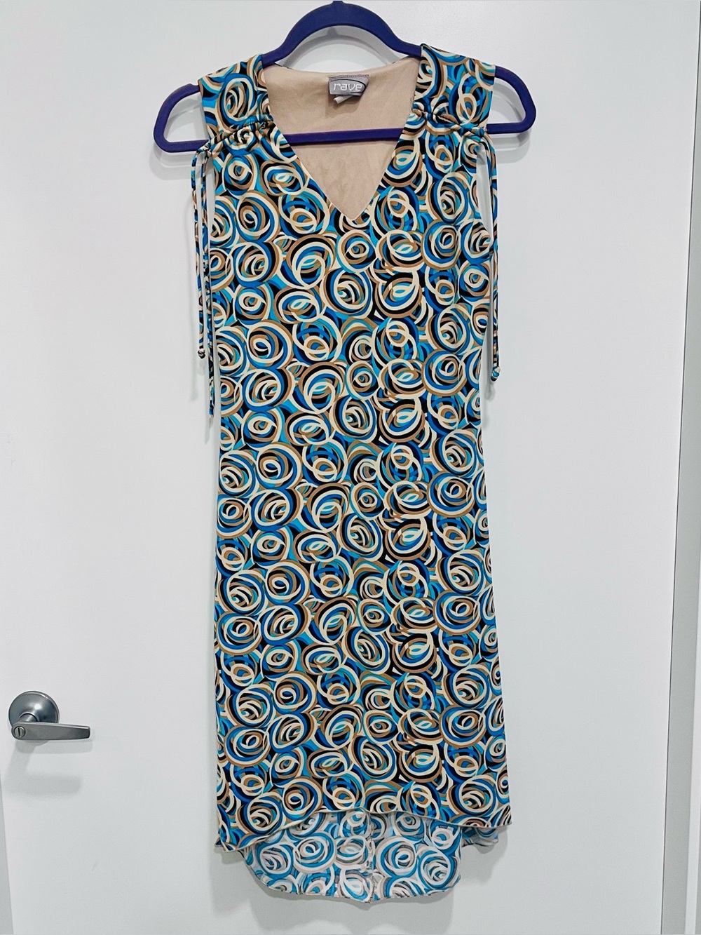 Rave Y2K Geometric Abstract Sleeveless V-Neck Printed Dress Blue Swirl Large 90s